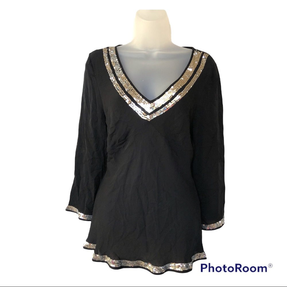 TRACY M. 100% Silk 3/4 Sleeve Black with Silver Sequins Top - Size L
